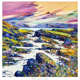 A vibrant and textured painting of a river flowing through a colorful, rocky landscape with dramatic skies. By John Bathgate