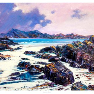 A vibrant painting depicting a rugged coastline with rocks and a calm sea against a backdrop of mountains under a dramatic sky. By John Bathgate