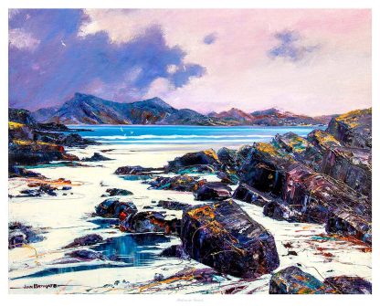 A vibrant painting depicting a rugged coastline with rocks and a calm sea against a backdrop of mountains under a dramatic sky. By John Bathgate