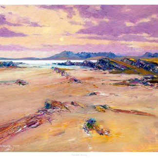 A colorful painting of a beach scene with rocks under a purple-hued sky, possibly at sunset or sunrise. By John Bathgate