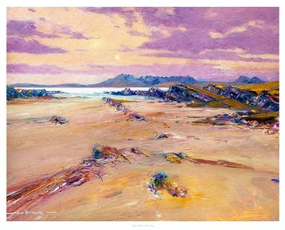 A colorful painting of a beach scene with rocks under a purple-hued sky, possibly at sunset or sunrise. By John Bathgate