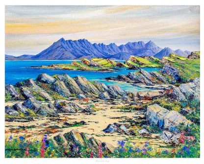 A colorful painting of a coastal landscape with rocky foreground and mountains in the distance under a bright sky. By John Bathgate