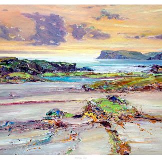 A vibrant painting depicting a rocky coastline with the sea and a dramatic sky at sunset or sunrise. By John Bathgate