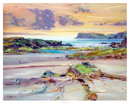 A vibrant painting depicting a rocky coastline with the sea and a dramatic sky at sunset or sunrise. By John Bathgate