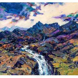 A vivid and colorful painting of a rugged mountain landscape with a cascading waterfall under a dynamic, cloud-strewn sky. By John Bathgate