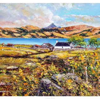 A vibrant painting depicting a rustic countryside with a house, a fence, a lake, and mountains under a blue sky with clouds. By John Bathgate