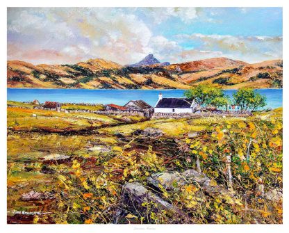 A vibrant painting depicting a rustic countryside with a house, a fence, a lake, and mountains under a blue sky with clouds. By John Bathgate