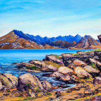 A vibrant painting of a coastal landscape with mountains in the background and rocky shores in the foreground. By John Bathgate