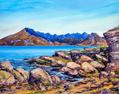 A vibrant painting of a coastal landscape with mountains in the background and rocky shores in the foreground. By John Bathgate