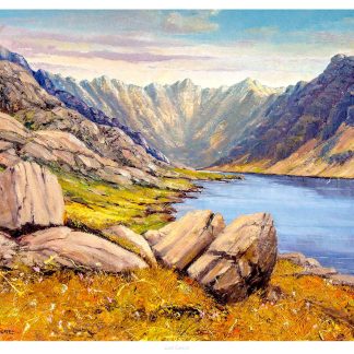 A vibrant painting depicting a mountainous landscape with a river, large rocks in the foreground, and a sunlit valley. By John Bathgate
