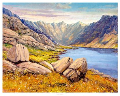 A vibrant painting depicting a mountainous landscape with a river, large rocks in the foreground, and a sunlit valley. By John Bathgate