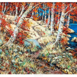 A vibrant painting depicting a scene of birch trees with autumn foliage and a rocky path leading through the woods. By John Bathgate