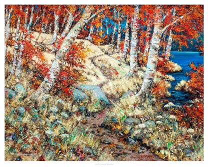 A vibrant painting depicting a scene of birch trees with autumn foliage and a rocky path leading through the woods. By John Bathgate