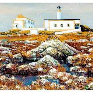 A vibrant painting of a lighthouse and adjacent building on a rocky coastline with rich textural details and a maritime theme. By John Bathgate
