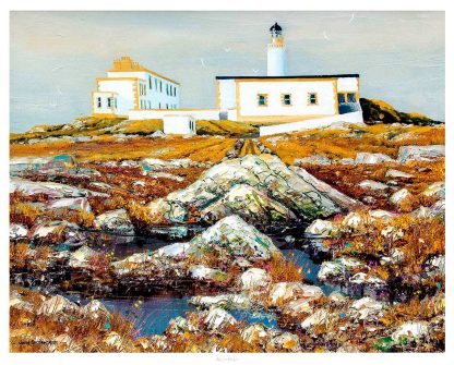 A vibrant painting of a lighthouse and adjacent building on a rocky coastline with rich textural details and a maritime theme. By John Bathgate