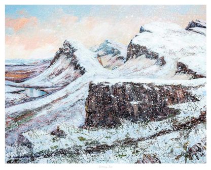 A painting of a snowy landscape with rugged hills and a sparsely vegetated foreground under a sky with hints of blue and pink. By John Bathgate