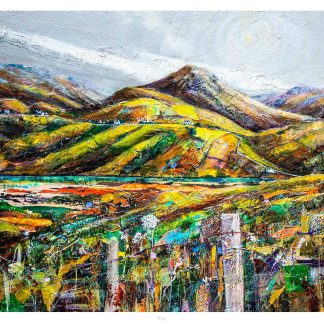 A vibrant, textured painting depicting a colorful landscape with mountains, fields, and a body of water in the background. By John Bathgate