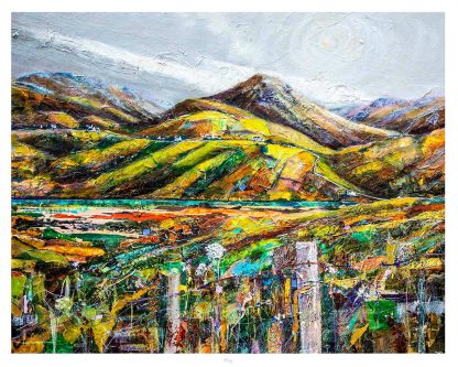 A vibrant, textured painting depicting a colorful landscape with mountains, fields, and a body of water in the background. By John Bathgate