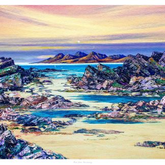An impressionistic painting depicting a vibrant coastal landscape with rugged rocks, reflective water, distant mountains under a pastel sky. By John Bathgate