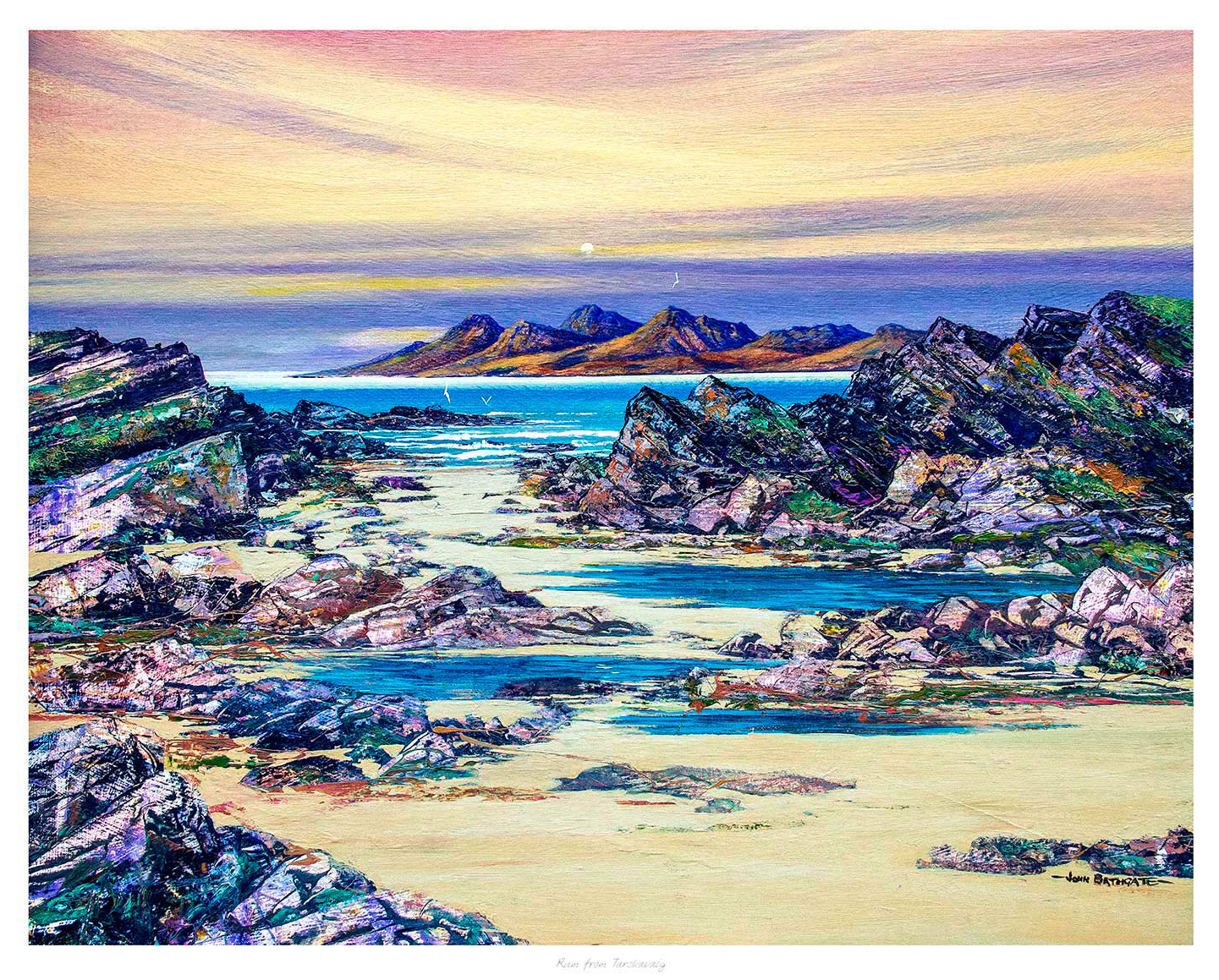 An impressionistic painting depicting a vibrant coastal landscape with rugged rocks, reflective water, distant mountains under a pastel sky. By John Bathgate