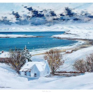 A snowy landscape painting featuring a quaint house, bare trees, a winding road, and a calm sea against a backdrop of distant mountains and a cloudy sky. By John Bathgate