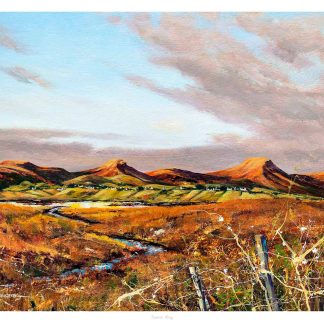 A vibrant painting depicting a landscape with rolling hills, a meandering river, and a dynamic sky, exuding a sense of rustic beauty. By John Bathgate