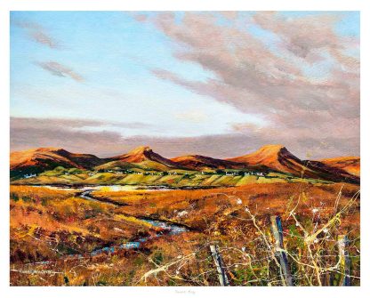 A vibrant painting depicting a landscape with rolling hills, a meandering river, and a dynamic sky, exuding a sense of rustic beauty. By John Bathgate