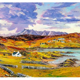 A vibrant painting depicting a scenic landscape with mountains, a body of water, houses, and a dynamic sky. By John Bathgate