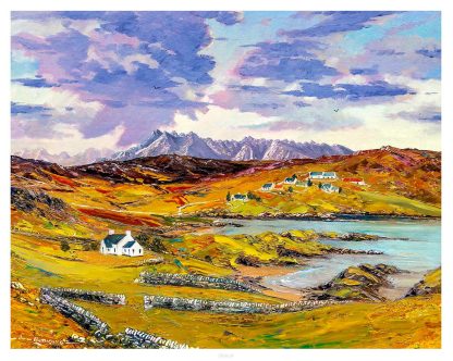 A vibrant painting depicting a scenic landscape with mountains, a body of water, houses, and a dynamic sky. By John Bathgate