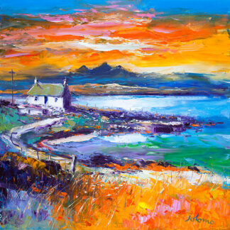 A vibrant painting of a coastal landscape with a house, sea, and a colorful sky at sunset or sunrise. By John Lawrie Morrison OBE