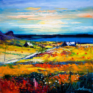 A vivid, colorful impressionist-style painting of a landscape with a sunset, fields, and a row of houses. By John Lawrie Morrison OBE
