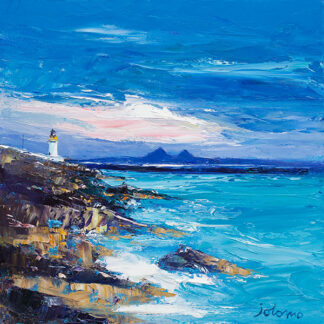 A vibrant expressionist painting of a coastal scene with a lighthouse and ocean under a blue sky. By John Lawrie Morrison OBE