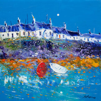 Colorful painting of a seaside village with boats, under a moonlit sky. By John Lawrie Morrison OBE