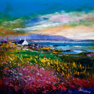 A vibrant, impressionistic painting of a coastal scene with a white house, vivid flora, and a dramatic sky. By John Lawrie Morrison OBE