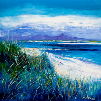 A vibrant painting depicts a coastal landscape with lush grass in the foreground and mountains in the distance under a dynamic sky. By John Lawrie Morrison OBE