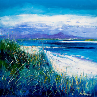 A vibrant painting depicts a coastal landscape with lush grass in the foreground and mountains in the distance under a dynamic sky. By John Lawrie Morrison OBE