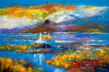 Colorful impressionist-style painting of a vibrant seascape with a boat and mountain under a dynamic, textured sky. By John Lawrie Morrison OBE