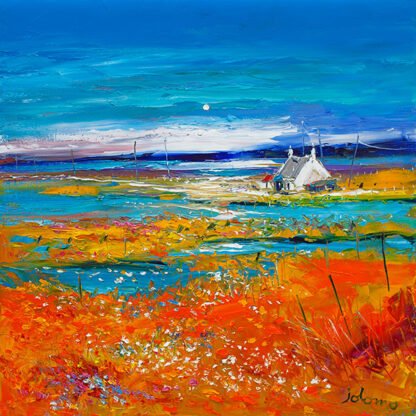 A vibrant, colorful painting depicting a seaside landscape with a house, under a blue sky with the moon visible. By John Lawrie Morrison OBE