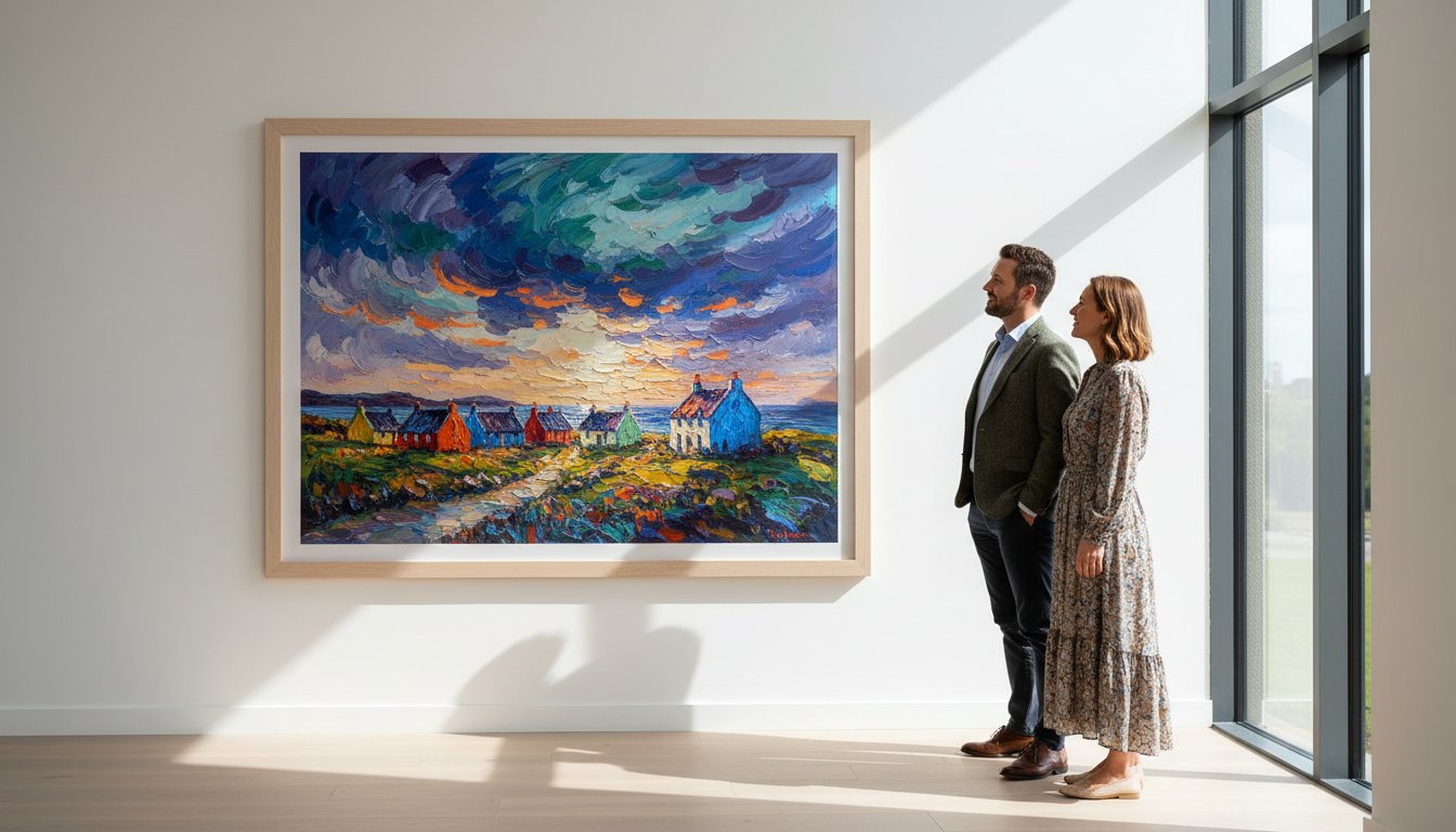 A man and woman stand in a bright gallery, admiring a colorful landscape painting of houses under a dramatic sky. Sunlight streams through large windows, casting light on the artwork and the visitors.