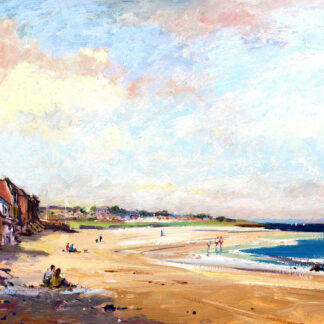 The image shows a vibrant beach scene with people, buildings on the left, and a seafront under a bright, expansive sky. By Joseph Maxwell Stuart