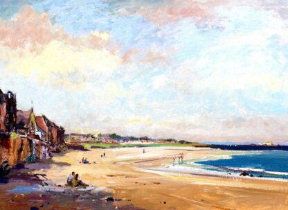 The image shows a vibrant beach scene with people, buildings on the left, and a seafront under a bright, expansive sky. By Joseph Maxwell Stuart