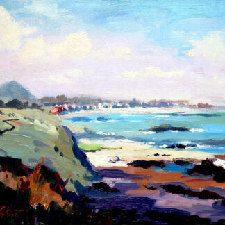 A vibrant painting of a coastal landscape with a blue sea, sky, and a hint of a town in the distance. By Joseph Maxwell Stuart