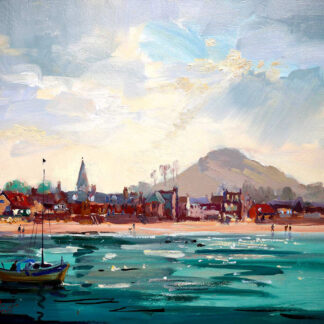 A colorful painting of a seaside town with a boat on the water under a partly cloudy sky. By Joseph Maxwell Stuart