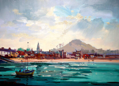 A colorful painting of a seaside town with a boat on the water under a partly cloudy sky. By Joseph Maxwell Stuart