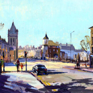 A colorful painting depicting a sunny street scene with buildings, cars, and pedestrians. By Joseph Maxwell Stuart