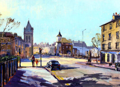 A colorful painting depicting a sunny street scene with buildings, cars, and pedestrians. By Joseph Maxwell Stuart