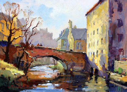 A vibrant oil painting depicting a quaint village scene with a stone bridge over a canal and buildings in warm tones. By Joseph Maxwell Stuart