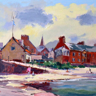 A vibrant oil painting depicting a quaint coastal village with houses, a church spire, and people by the shore under a blue sky with fluffy clouds. By Joseph Maxwell Stuart