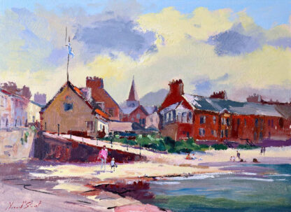 A vibrant oil painting depicting a quaint coastal village with houses, a church spire, and people by the shore under a blue sky with fluffy clouds. By Joseph Maxwell Stuart