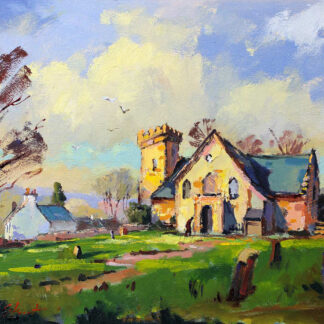 A vibrant oil painting of a picturesque rural landscape with a stately house, trees, and a bright blue sky with fluffy clouds. By Joseph Maxwell Stuart
